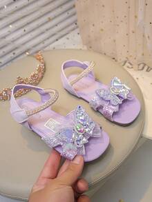 Sandalias de princesa para niñas, nuevas sandalias de verano con lazo de sirena y strass, sandalias de playa con suela blanda y antideslizante para niños - Morado - Ver 1