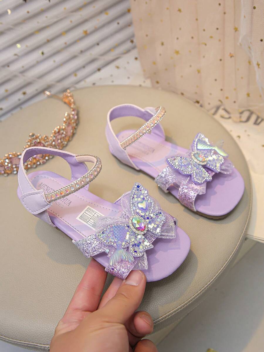 Sandalias de princesa para niñas, nuevas sandalias de verano con lazo de sirena y strass, sandalias de playa con suela blanda y antideslizante para niños - Morado - Ver 1