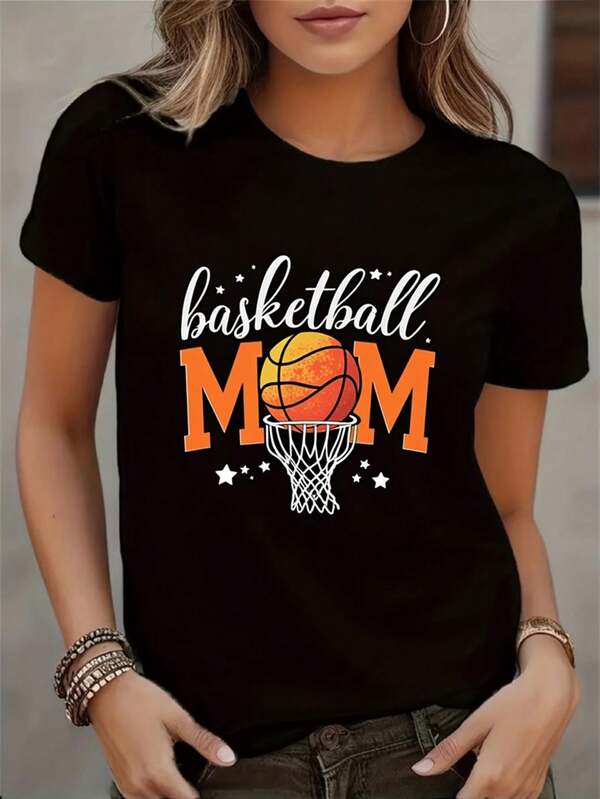 2026 piezas de camisetas de baloncesto para mujeres y unisex - Camiseta casual de manga corta con cuello redondo, estampada con el texto "Basketball Mom Life", tela ligeramente elástica adecuada para usar en días de juego, eventos, reuniones y fiestas en la playa - un artículo imprescindible para mamás, para uso diario casual, tela suave, cómoda y holgada.