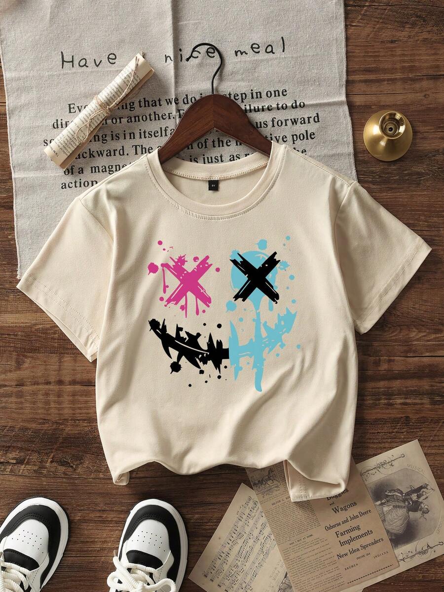 Cute Boy Cotton Round Neck T-Shirt, Casual And Comfortable Spring/Summer Short Sleeved Printed Children's Top - 杏色 - 查看 1