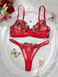 女士两件套红色蝴蝶刺绣薄纱网眼钢圈文胸和丁字裤内衣套装 - 紅色 - 查看 2