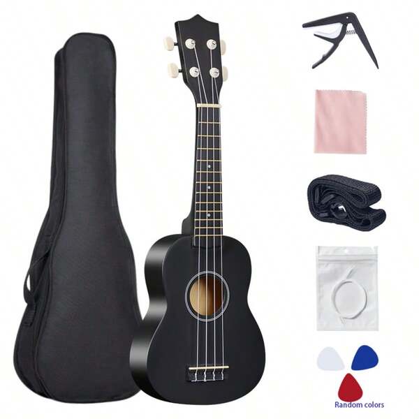 Ukulele din lemn de 21 de inci, kit pentru începători, culoare lemn natural, cu husă, pene, corzi de rezervă