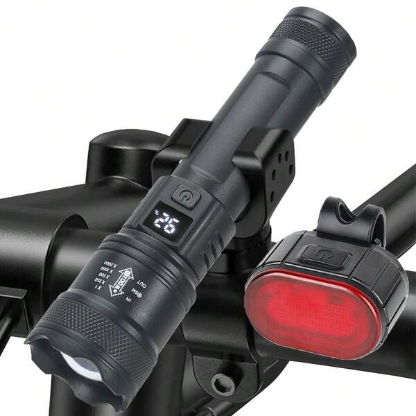 LED Rechargeable Flashlight And LED Rechargeable Bicycle Light Set, With Smart Digital Display, 3 Lighting Modes And Adjustable Focus, Suitable For Camping, Fishing, Outdoor Activities, Cycling And Emergencies