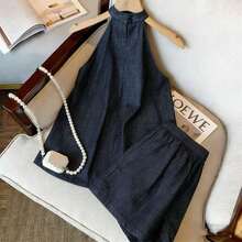 Bộ đồ thời trang mùa xuân/hè dáng nhỏ nhắn, chất liệu denim cotton mềm mại, thoáng khí, kiểu Pháp, gồm áo không cổ, quần ống rộng và quần short. - Rửa tối - View 7