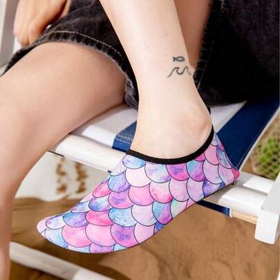 Unisex Fashion Quick-Dry Tie-Dye Water Shoes, Breathable Beach Shoes With Fish Scale Graffiti Pattern, Suitable For Outdoor Water Sports