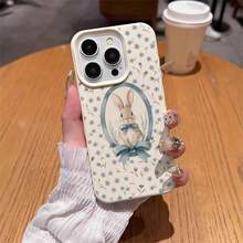 Bunnies 1pc TPU Material Floral Blue Bow Rabbit Pattern Phone Case Compatible With Apple 17 Pro Max/17/16 Pro Max/15/13/12/11, S20 FE/A15/S24/A55, Note 11/Note 12/Note 13 Pro, Full Coverage Anti-Drop Soft Protective Phone Cover - White - View 4