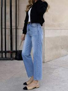 Women's Elastic Straight-Leg Jeans, High-Waisted Light Wash Loose Fit, Casual Streetwear Daily Wear Spring - Baby Blue - View 5