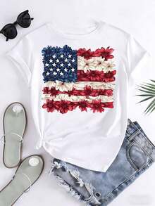 Floral American Flag Print T-Shirt Patriotic Design For Independence Day Celebration, 220g - trắng - Xem 3