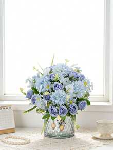 Buquê de hortênsias artificiais bordadas em seda, 1 peça, 29 cm (11,41 polegadas), rosas artificiais de chá para vaso de casamento na primavera, decoração de casa, sala de jantar, quarto, feriados, festa de aniversário, jardim externo, presente de Dia dos Namorados, decoração de baile de formatura. - Azul - Ver 6