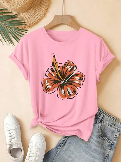 1 Piece Tropical Floral Fashion Cute Print Pattern Short-Sleeve Round-Neck Pullover T-Shirt For Young Women, Machine Washable, Suitable For Everyday Casual Street Style, A Top Choice For Gifts, Suitable For Home, Office, And Other Occasions. Soft Fabric,Fashion Plus Size Women's Clothing
