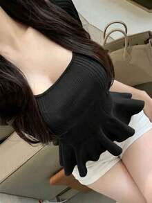 Áo dệt kim ôm dáng kiểu Hàn Quốc mùa Xuân/Hè mới, chất liệu lụa chiffon, viền bèo nhún, dành cho nữ. - màu đen - Xem 2