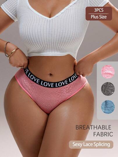 3 PCS Women's Plus Size Sexy Lace Splicing Panties Mid Waist Seamless Briefs Comfortable Letter Belt Sports Underwear Tummy Control &Butt Lifter Stretch Lingerie