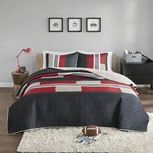 CS14-0864 3 Piece Quilt Coverlet Bedspread All Season Lightweight Hypoallergenic Pipeline Colorblock Bedding Set Full/Queen Pierre Black/Red Stripe - Negro/Rojo - Ver 3