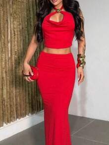 Women's Two-Piece Set: Long Skirt And Cropped Top With Metallic Detail - Luxury Women's Set - Two-Piece Set - Long Skirt Set - Cropped Top Set - Red Set - Black Set - White Set - Yellow Set - Elegant Set - Party Set - Night Set - Casual Set - Sophisticated Set - Sexy Set - Modern Set - Fitted Set - Shaping Set - High Waist Set - Cowl Neck Set - Halter Neck Set - Set With Metal Detail - Set With Ring Detail - Premium Knit Set - Set With Elastane - Comfortable Set - Perfect Fit Set - Versatile Set - Timeless Set - Urban Set - Clubbing Set - Event Set - Dinner Set - Social Set - Stylish Set - Summer Set - Vibrant Colors Set - Minimalist Set - Luxury Set - Glamour Set - High Quality Set - Durable Set - Soft Set - Breathable Set - No Transparency Set - Ready To Ship Set - New Arrival Set - Exclusive Set - Slim Fit Set - Midi/Long Set - Đỏ - Xem 2