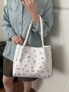 1 chiếc túi xách tay tối giản, chất liệu nylon trắng, in hình bướm và hoa, quai buộc thắt nút, kiểu dáng thường ngày, thời trang và đa năng dành cho nữ, mẫu mới mùa xuân. - trắng - Xem 4