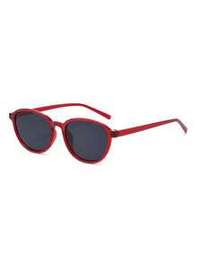 1 Pair Unisex Red Oval Minimalist Retro Fashionable Sunglasses, Full Frame Versatile Personalized Sunglasses, Suitable For Vacation, Travel, Beach, Elegant Style - Red - View 2