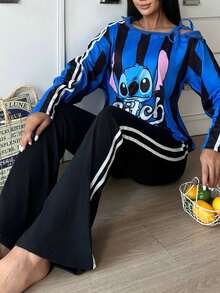 Disney Bộ 2 món áo thun dài cổ yếm và quần dài màu đen Stitch dành cho nữ, chất liệu co giãn, thân thiện với da, thoải mái, thanh lịch, lãng mạn, quyến rũ, dễ thương, thích hợp cho kỳ nghỉ hè/thu. - màu đen - Xem 7