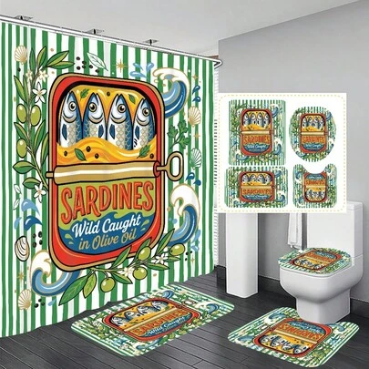 1pc/4pcs Vintage Canned Pattern Bathroom Decor Shower Curtain Set, Free 12 Hooks Included, Elegant Holiday Atmosphere, Bathroom Mat, U-Shaped Floor Mat And Round Toilet Mat, Suitable For All Scenarios Bathroom Set