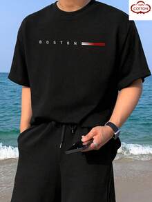 Camiseta de manga corta para hombre con estampado "Boston" de Twist Kid Cool, 180g 100% algodón, capa base para todas las estaciones de verano, fabricada en fábrica, cómoda, de alta calidad, bien ajustada, casual, deportiva, de lujo. - Negro - Ver 1