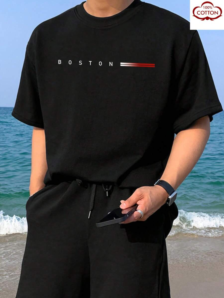 Camiseta de manga corta para hombre con estampado "Boston" de Twist Kid Cool, 180g 100% algodón, capa base para todas las estaciones de verano, fabricada en fábrica, cómoda, de alta calidad, bien ajustada, casual, deportiva, de lujo. - Negro - Ver 1
