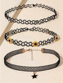 3件套女士手工编织鱼线雏菊、水钻、蕾丝镂空星星吊坠项链颈链叠戴首饰套装 - 彩色 - 查看 6