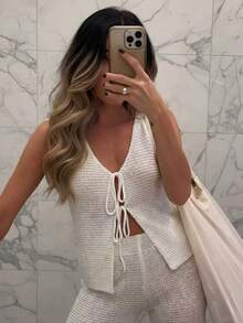 Bộ đồ dệt kim buộc dây màu trắng: Áo khoác không tay + Quần ống rộng. Bộ 2 món này rất lý tưởng cho kỳ nghỉ. - trắng - Xem 6