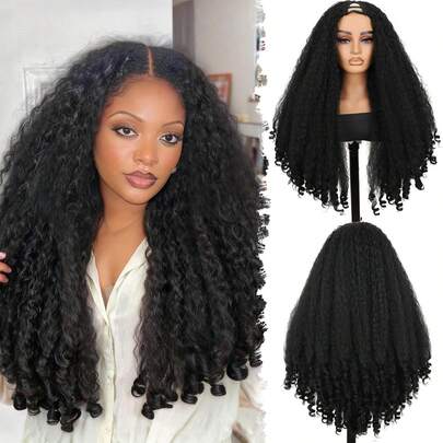 Women's Seamless V-Shaped Partial Wig, Curly & Straight Hair With Curled Ends, Synthetic Half-Head Wig