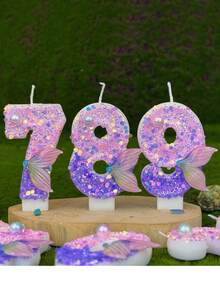 Nến trang trí bánh sinh nhật hình đuôi nàng tiên cá màu tím ombre đính pha lê số 0-9. - Xem 5