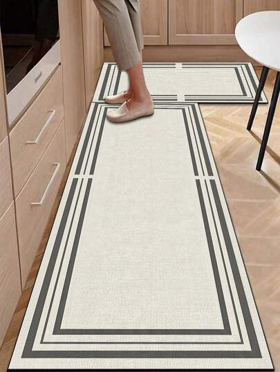 1 tấm thảm cao su mềm thấm hút cho nhà bếp, dày 3.5mm, phù hợp cho diện tích lớn hoặc nhỏ, phong cách tối giản hiện đại sang trọng, nền màu be với các đường kẻ đen, thảm trang trí phòng họa tiết hình học, có thể tự cắt cho vừa kích thước nhà bếp, chất liệu bề mặt vải, lớp giữa là mút xốp, lớp dưới là cao su, thích hợp cho nhà bếp, phòng khách, phòng ngủ, phòng trẻ em, làm tấm lót chuột, phòng tắm, lối vào, ngoài trời, ban công, hành lang và nhiều không gian khác trong nhà.