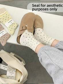 1/5 Pairs Layered Cream Polka Dot Women's Mid-Calf Socks, Rolled Edge Polka Dot Knee-High Socks, Suitable For Summer, Autumn, All Seasons, Random Color Layered Socks, Polka Dot Socks, School Style, Versatile Daily Wear, Breathable And Comfortable, Unisex - Multicolor - View 3