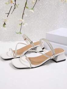 法式水钻装饰粗跟凉鞋，夏季新款细带设计，显瘦、时尚、百搭、优雅高跟鞋 - 白色 - 查看 5
