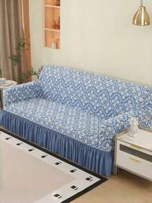 Vỏ bọc ghế sofa bằng vải nhung jacquard với viền chân váy co giãn, chất liệu sợi polyester đơn giản và hiện đại, phù hợp cho phòng khách và gia đình. - Xanh và trắng - Xem 1