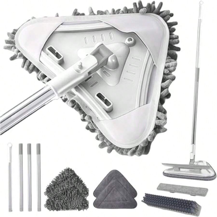 7-In-1 Triangle Mop Set With 7 Replaceable Heads And Adjustable Long Handle For Walls Floors Windows Baseboards White - Trắng - Xem 1
