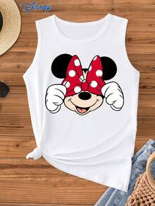 Disney 米妮卡通印花女士背心，时尚女士马甲，圆领略带弹性，适合日常穿着，易打理面料，休闲女士背心 - 白色 - 查看 1