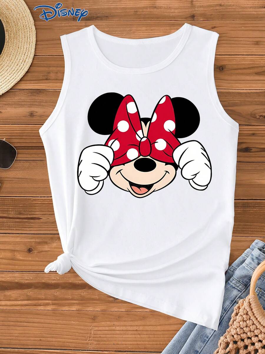 Disney 米妮卡通印花女士背心，时尚女士马甲，圆领略带弹性，适合日常穿着，易打理面料，休闲女士背心 - 白色 - 查看 1