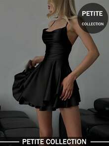 女士纯黑色优雅简约深V领双层荷叶边露背抽绳吊带迷你连衣裙 夏季 - 黑色 - 查看 3