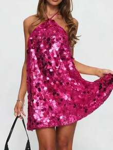Ladies' Summer Casual Dress, Sleeveless And Backless, Adorned With Sparkling Sequins. Soft Fabric, Lightweight And Breathable. Ideal For Summer, Weddings, Clubs, Casual Wear, Birthday Parties, Vacations, Beaches, Holidays, Work, Daily Life, And Dating. - 珊瑚粉 - 查看 2