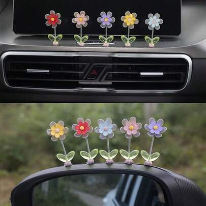 5个彩色摇摆花朵汽车装饰品，动感可爱的设计，可自动摇摆，可装饰车窗、侧面、后视镜，也适合室内摆放，色彩鲜艳，轻松为您的爱车和空间增添活力氛围。