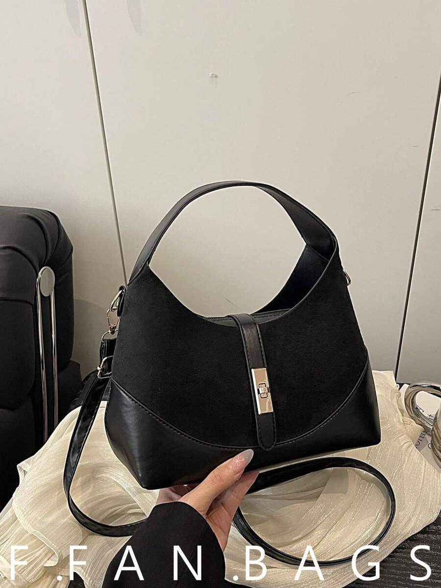 时尚休闲小众女士手提包，新款通勤时尚简约方形包 - 黑色 - 查看 1