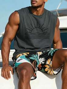 1pc Men's Summer Sun Print Casual Round Neck Tank Top - Dark Grey - View 3