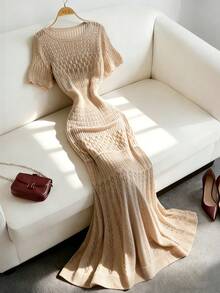 Spring And Summer Women's Elegant Dresses, Casual Knitted Short Sleeved Skirts, Hollowed Out Vacation Beach Dresses Suitable For Evening Beach Wear - 卡其色 - 查看 5
