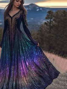 Ladies'  V-Neck Bohemian Dress With A Large Display, Elegant And Generous, Suitable For Travel, Beach Vacation, Wearing Lightweight And Breathable Fabric, Suitable For Spring, Summer And Autumn - A - 查看 1