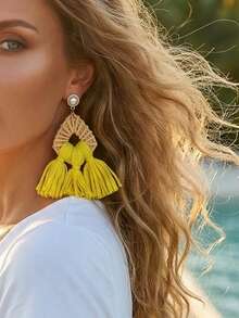 Tropical Geometric Tassel Earrings, Green Pendant Vacation Style Beach Side Face Flattering Bohemian Earrings, Perfect For Photo Shoots - Tassel Earrings - View 8