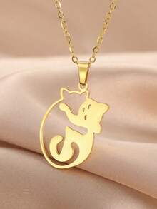 1pc Fashionable Stainless Steel Hollow Hugging Cat Pendant Necklace, Cute Animal Pattern Unisex Necklace - Simple Series - View 5