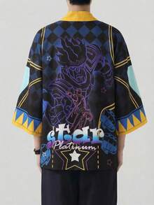 Retro 3/4 Sleeve Robe, Loose Fit Sunscreen Jacket, Unisex Casual Kimono Cardigan - Black - View 2