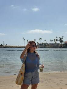 春夏新款女士时尚休闲轻薄针织蓝色罩衫，不对称下摆设计，套头无袖上衣，波西米亚风格，适合海滩度假、海滩派对、户外旅行、假日约会 - 藏蓝色 - 查看 6