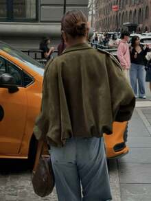 Seelio Spring/Autumn New Arrival Casual Versatile Suede-Like Green Jacket, Deer Skin Texture - Military Green F - View 8