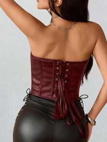 Apperloth A 性感过胸束身胸衣 PU 皮革带骨露脐抹胸上衣 女士系带前开后露背塑身衣 万圣节服装 感恩节服装 - 酒紅色 - 查看 2