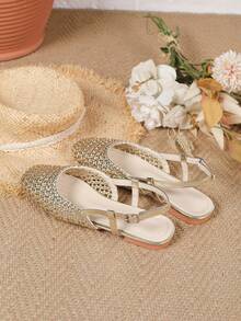 2026 New Bohemian Hollow Out Woven Breathable Slip-On Mules, Flat Casual Comfortable Elegant Perforated Shoes, Lightweight, Breathable, Suitable For Daily Casual, Shopping, Office And Other Occasions - Gold - View 4