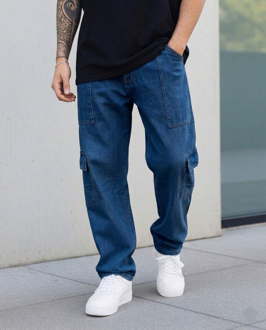 Men's Dark Denim Cargo Pants With Drawstring Waist And Slight Stretch, Unisex Long, Loose-Fitting Casual Streetwear Skate Pants. - 深色牛仔褲 - 查看 1